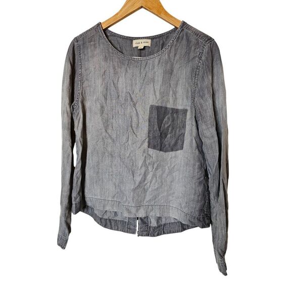 Cloth and Stone Anthropologie Small Chambray Gray Tencel Top Lace Up Back - Picture 1 of 7